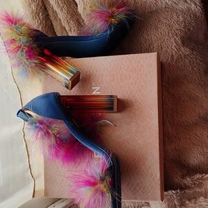 Cape Robbin Blue Heels with Rainbow Feathers Size 10M W Box
